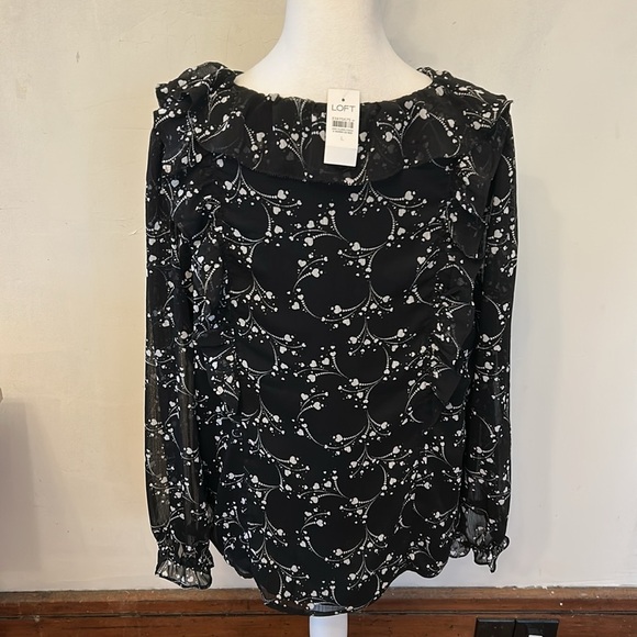 Loft black white long sleeve ruffle blouse Size L New - Picture 6 of 10